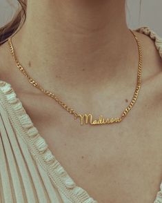 (1) Script Name Necklace with Cuban Chain – stellaandjules.com Name Chain Gold, Chain With Name, Carrie Necklace, Silver Cuban Chain, Southern Jewelry, Customized Necklace, Heartbeat Necklace, Seasonal Wardrobe, Personalised Jewellery