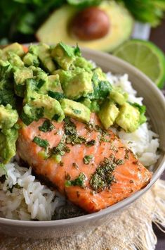 salmon with avocado and rice in a bowl