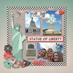 the statue of liberty is surrounded by photos and flowers