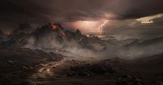 a lightning strikes over a mountain range in the distance, with dark clouds above it