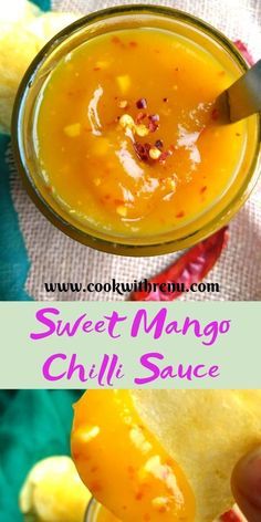 sweet mango chilli sauce in a glass jar with a spoon