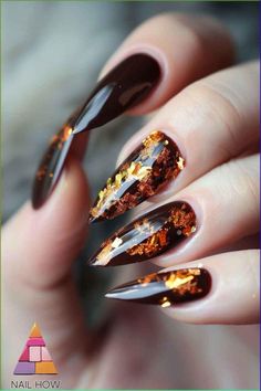 Embrace the spirit of fall with these stunning dark brown nails adorned with shimmering gold flakes. Perfect for October, these fall nail designs will make your hands the center of attention. Visit nailhow.com for more fall nail inspo. Save this pin for your next nail appointment! Brown Halloween Nails, Gold Fall Nails, Academia Nails, October Nail Ideas, Dark Brown Nails, Summer Nail Tutorials, October Nail Designs, Foil Nail Designs, Silk Wrap Nails