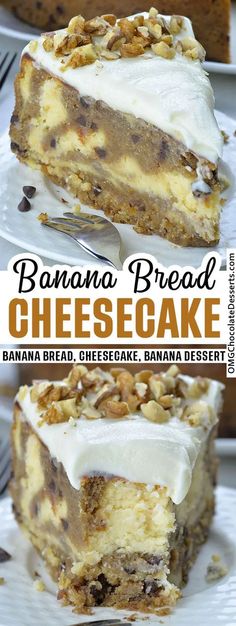 this banana bread cheesecake is made with bananas, walnuts, and cream cheese