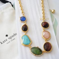 Gorgeous Chunky Gemstone Necklace Is 12k Gold Plated. New With Tags And Duster Bag. Elegant Multicolor Kate Spade Jewelry, Watermelon Necklace, Balloon Necklace, Pig Necklace, Kate Spade Necklace, Pave Necklace, Cubic Zirconia Necklace, Clover Necklace, Beaded Statement Necklace