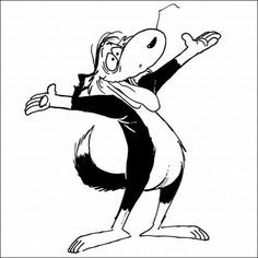 a black and white drawing of a cartoon character with his arms out in the air