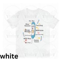 a white t - shirt with an image of a toothbrush on the front and bottom