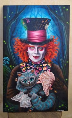 a painting of a woman with red hair holding a cat and wearing a top hat