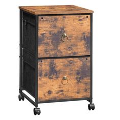 a wooden cabinet with two drawers on casteors and wheels, against a white background