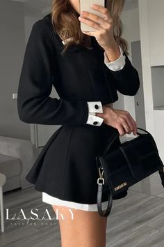 Lasaky - Stylish Long Sleeve Two-Piece Set with Chic Solid Pocket and Mandarin Collar Short Pollera, Tweed Shorts, Stylish Suit, Spring Skirts, Single Breasted Jacket, Wool Skirts, Casual Skirt, Two Piece Dress, Skirt Suit