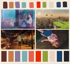 an image of people walking in the city at night with color swatches on them