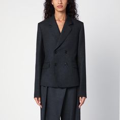 Charcoal grey wool double-breasted jacket from Loewe featuring classic lapels, a front button placket, long sleeves with buttoned cuffs and two flap pockets on the front. Floral Print Shirt, Double Breasted Jacket, Bag Dress, Black Stretch, Jersey Dress, Charcoal Grey, Stella Mccartney, Double Breasted, Calf Skin