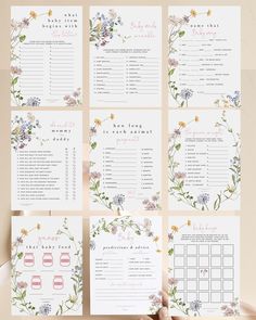 the wedding stationery is laid out on top of each other with flowers and leaves