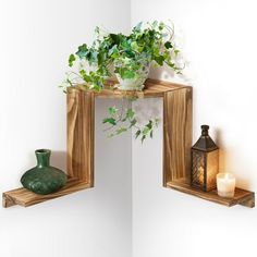 two wooden shelves with plants on them next to a candle holder and some vases