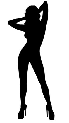 the silhouette of a woman in high heeled shoes, with her arms behind her head