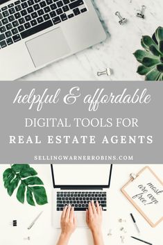 a person typing on a laptop with the words helpful and enjoyable digital tools for real estate agent