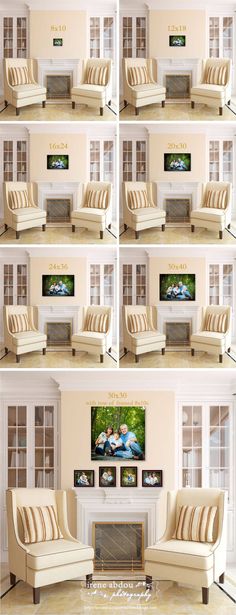 multiple images of living room furniture in various stages of being displayed on the tv screen