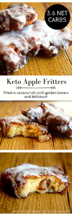 three different views of keto apple fritters on a wooden table with text overlay