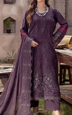 Marjjan Purple Lawn Suit | Pakistani Lawn Suits Pakistani Lawn Suits, Lawn Suits, Embroidered Neckline, Net Dupatta, Suit Fabric, Shalwar Kameez, Pakistani Outfits, Fabric Stores Online, Print Chiffon