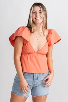 Ruffle sleeve peplum top coral - Trendy Top - Cute Vacation Collection at Lush Fashion Lounge Boutique in Oklahoma City Coral Top Outfit, Clothing Shopping, Coral Top, Vacay Outfits, Ruffle Sleeve Top, Senior Picture Outfits, Cute Sandals, Coral Orange, Ruffled Sleeve Top