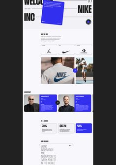 the website design for nike is displayed in blue and white colors, with an image of a