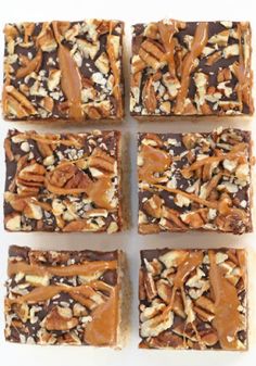 six pieces of brownie with caramel and walnuts on top, arranged in squares