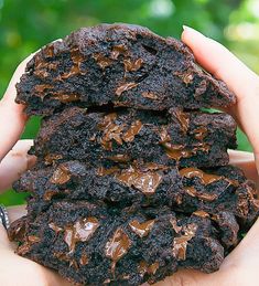 a person holding a chocolate cookie in their hands