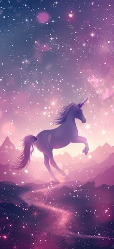 a unicorn standing on its hind legs in front of the sky with stars and clouds