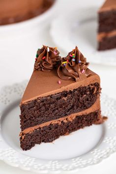 a slice of chocolate cake on a white plate