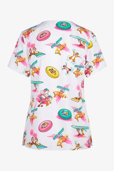 Tooniforms Disney s Chip N Dale Beach Fun Women s 3-Pocket STRETCH V-Neck Print Scrub Top • Modern classic fit • V-neck with contrast piping • Total of 3 pockets • 2 front patch pockets • 1 right inner patch pocket • Bust darts • Side vents • Disney s Chip and Dale having fun at the beach shower on a white background sprinkled with grey • Approximate length of Medium is 27 3 4 • Manufacturer style TF614-CDBF Made with a sustainable poly-spandex blend, our Tooniforms scrubs are the perfect silky Playful Short Sleeve Tops With Pockets, White V-neck Tops For Sleepover, Casual White Sleepwear With Character Print, White Character Print Top For Sleepovers, Casual Character Print Tops For Sleepover, Casual Tops With Character Print For Sleepovers, Fun Cartoon Print Short Sleeve Sleepwear, Multicolor Character Print Short Sleeve Sleepwear, Multicolor Short Sleeve Sleepwear With Character Print