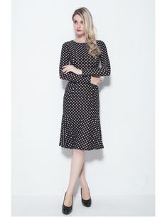 Tea Length Black with White Dotted Modest Dresses with Long Sleeves #DK195 $47.2 - GemGrace.com Spring Polka Dot Fitted Midi Dress, Knee-length Polka Dot Dress For Work, Knee-length Polka Dot Workwear Dress, Polka Dot Midi Dress For Fall Workwear, Polka Dot Knee-length Workwear Dress, Polka Dot Midi Dress For Work In Fall, Fitted Polka Dot Dress For Winter, Dresses With Long Sleeves, Wedding Store