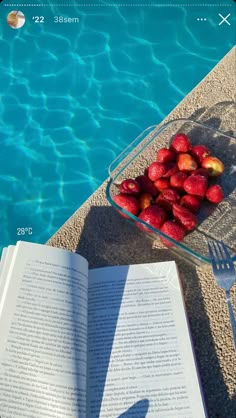 an open book sitting on top of a table next to a pool with strawberries in it