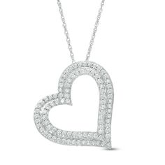 A contemporary classic she'll wear with everything, this diamond tilted heart pendant expresses your love. Crafted in cool 10K white gold, this stunning style showcases a heart-shaped outline simply sparkling with a double row of diamonds. Radiant with 1 ct. t.w. of diamonds and a brilliant buffed luster, this pendant suspends slightly askew along an 18.0-inch rope chain that secures with a spring-ring clasp. Modern Double Heart Jewelry For Anniversary, Modern Heart Cut Jewelry For Valentine's Day, Heart Cut Diamond Necklace For Valentine's Day, Heart Cut Diamond Necklace For Mother's Day, Stunning Style, Peoples Jewellers, Contemporary Classic, Rope Chain, Spring Rings