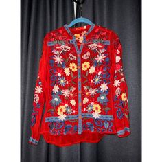 Johnny Was Edie Embroidered Button-Down Long Sleeve Blouse Size Xs Red Long Sleeve Top With Intricate Embroidery, Red Embroidered Long Sleeve Top For Fall, Red Floral Embroidered Top, Bohemian Red Tops With Buttons, Spring Red Blouse With Resham Embroidery, Red Blouse With Resham Embroidery For Spring, Red Long Sleeve Blouse With Floral Embroidery, Bohemian Red Button-up Top, Bohemian Red Blouse With Intricate Embroidery