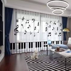 a living room filled with furniture and musical notes on the wall