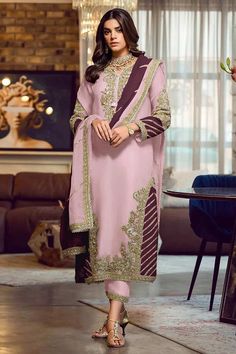 Buy Pink Embroidered With Embellished Georgette Pant Suit Set Online - KARMAPLACE Luxury Multicolor Embroidered Georgette Unstitched Suit, Luxury Pink Unstitched Suit For Party, Luxury Georgette Pant Set With Zari Work, Luxury Pink Palazzo Set With Dabka, Luxury Unstitched Floor-length Suit With Zari Work, Luxury Floor-length Palazzo Set With Dabka Work, Luxury Floor-length Georgette Unstitched Suit, Luxury Pink Pant Set With Zari Work, Luxury Pink Pant Set With Dupatta