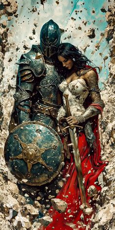 a painting of two people in armor standing next to each other