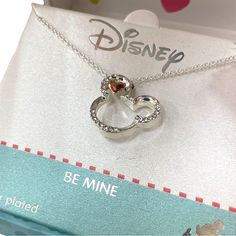 Disney Be Mine Mouse Ears Silver Plated Necklace Disney Heart Shaped Jewelry Gift, Disney Heart-shaped Jewelry Gift, Disney Silver Jewelry For Valentine's Day, Disney Style Silver Jewelry For Valentine's Day, Silver Disney Jewelry For Valentine's Day, Disney Handbags, Disney Jewelry, Silver Plated Necklace, Mouse Ears