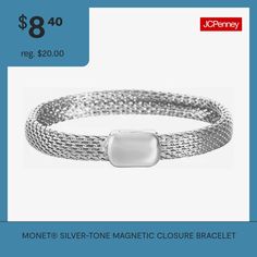 Perfect for slipping on that last-minute pop of chic, this silver-tone bracelet by Monet features a sleek and stylish magnetic closure.Metal: Silver tone MetalJewelry photos are enlarged to show detail.Jewelry Closure: Magnetic ClaspChain Length: 7 1/2 InchChain Width: .28 MillimetersCare: Wipe CleanBracelet Type: Tennis BraceletsMetal: ZincCountry of Origin: Imported Modern Silver Bracelets With Magnetic Closure, Modern Silver Magnetic Bracelets, Silver Minimalist Magnetic Bracelet, Modern Silver Magnetic Bracelet, Minimalist Silver Magnetic Bracelet, Minimalist Magnetic Silver Bracelet, Silver Magnetic Bracelets, Bracelets Tennis, Tennis Bracelet