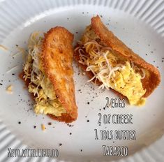 two pieces of food on a white plate with text describing the differences between eggs and cheese