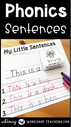 the worksheet for phonics and sentence writing is shown on top of a desk