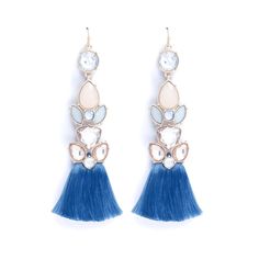 Firedia Light Blue Women's Earrings, Statement Jeweled And Tassel Fishhook Earrings By Aldo. Large Gemstones And Blue Satin Tassels Trimmed In Gold Tone. Second Stone From Up Is Lovely Pastel Pink. Very Light Dangle Earrings. Fun For Summer Adventures. Never Worn But Stored On A Jewelry Rack, So No Original Holder Left. 39 R1 Aldo Jewelry, Jewelry Rack, Fish Hook Earrings, Blue Satin, Blue Gold, Crystal Earrings, Tassels, Women's Earrings, Light Blue