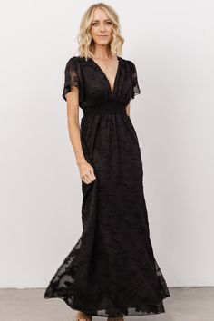 Evelyn Smocked Maxi Dress | Black - Baltic Born 34c Size, Black Tie Wedding Guest Dress, Sparkle Gown, Friends Ideas, Smocked Maxi Dress, Kimono Maxi Dress, Black Tie Wedding Guests, Baltic Born, Maxi Dress Black