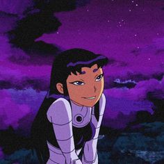 an animated character with long black hair and blue eyes sitting in front of purple clouds