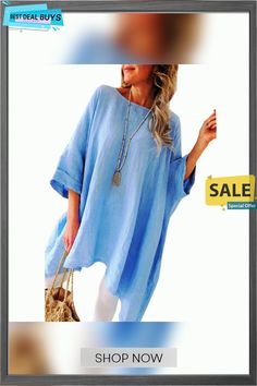 Large Size Women's Solid Color Cotton Linen Short T Loose Short Sleeve Dress Spring Tunic Dress In Solid Color, Spring Solid Color Tunic Dress, Oversized Blue Tunic For Spring, Casual Half Sleeve Tunic For Spring, Summer Long Sleeve Tunic For Brunch, Casual Half Sleeve Tunic, Solid Color Half Sleeve Dress For Beach, Oversized Solid Color Summer Dresses, Oversized Solid Color Vacation Dresses