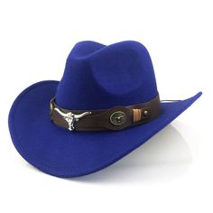 Blue Western Cowboy, Cowgirl Hat, Bull Horns Strap, Men Women Retro Wide Brim Casual Blue Hats For Rodeo, Blue Felt Hat With Short Brim For Rodeo, Blue Fedora For Country Events, Casual Blue Fedora With Flat Brim, Fitted Blue Fall Hat, Blue Western Felt Hat With Short Brim, Blue Western Felt Hat For Beach, Blue Brimmed Hat For Rodeo, Western Blue Fedora Hat