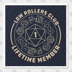 the low rollers club logo with gold lettering on a dark blue background, surrounded by dice