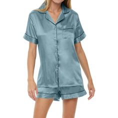 This women's satin pajama set from Alexander Del Rossa would be a great addition to any wardrobe. The short sleeved pajama top features a button down front, two front pockets and a collar with contrasting trim. The bottoms feature an elastic waist for a comfortable fit. If you're not completely satisfied with this pajama set returns are accepted. Satin Pajamas Set, Satin Pajama Set, Satin Pajama, Contrasting Trim, Satin Pyjama Set, Satin Pajamas, Pajamas Set, Short Pajama Set, Pajama Top