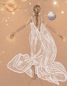 a drawing of a woman in a white dress surrounded by planets