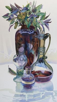 a painting of flowers in a glass vase and other items on a table with water