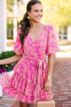 Flirty Floral Print Dress For Brunch, Pink Feminine Floral Dress With Ditsy Print, Feminine Pink Floral Dress With Ditsy Print, Pink Feminine Ditsy Floral Dress, Flirty Floral Print Dress For Garden Party, Pink Ditsy Floral Print Spring Dress, Pink Ditsy Floral Print Dress For Spring, Flirty Ditsy Floral Print Dress For Garden Party, Flirty Ditsy Floral Dress For Garden Party